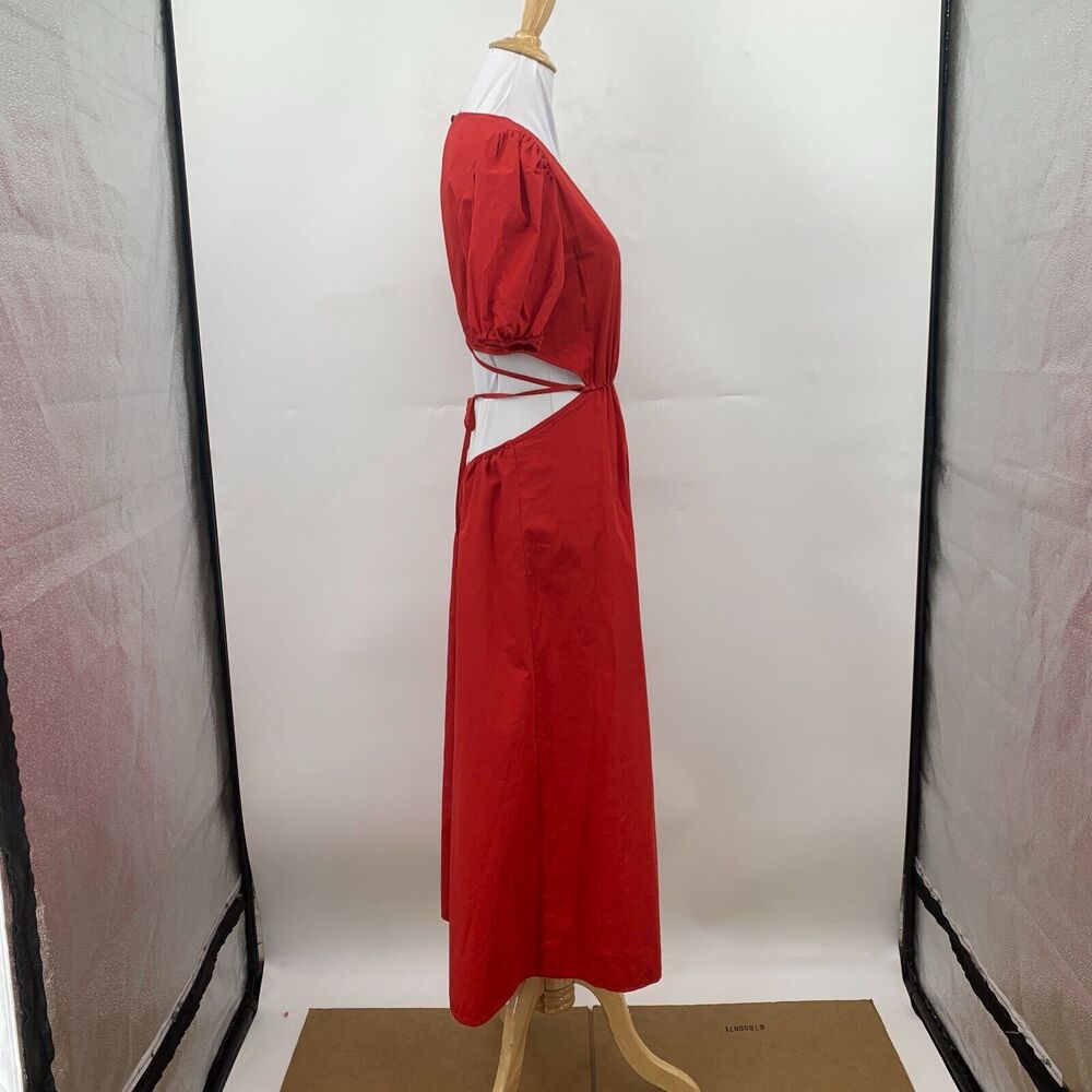 Zara Cut Out Polin Dress Womens XS Extra Small Red Midi Puff Sleeves Cinch Waist - Picture 6 of 16